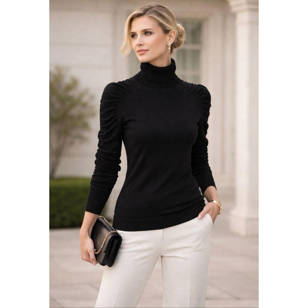 Milly of New York Black Merino Wool Turtleneck Sweater Ruched Sleeve Knit Top Sm